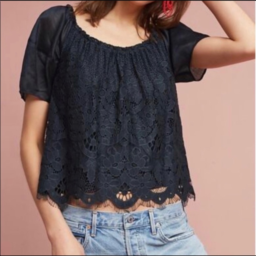 Anthropologie Moulinette Soeurs Blue Lace‎ Too Sheer Sleeves Sz S